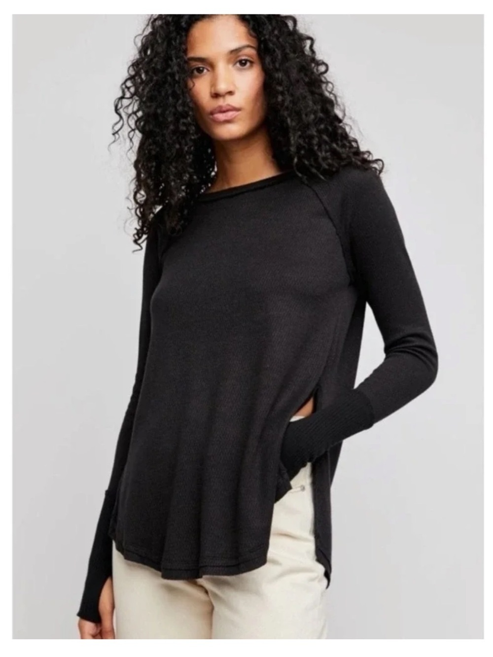 Free People Black Snowy Thermal Waffle Knit Tunic Split-Hem S